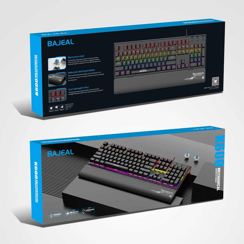 BAJEAL K600 Ergonomic Computer Colorful RGB Gaming Desk Gamer Wrist Palm Rest Wired Gaming Mechanical Keyboard With Wrist Suppor
