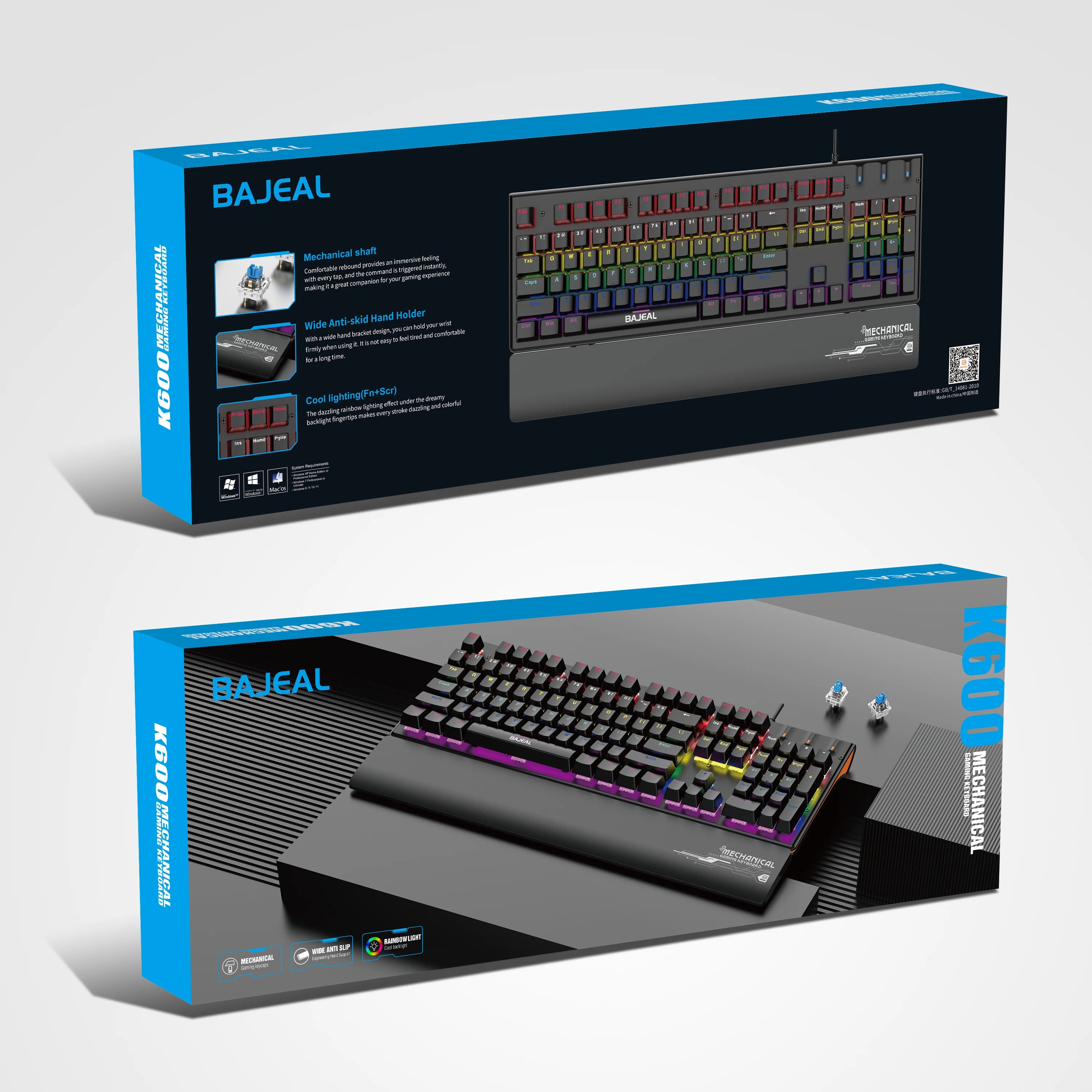 BAJEAL K600 Ergonomic Computer Colorful RGB Gaming Desk Gamer Wrist Palm Rest Wired Gaming Mechanical Keyboard With Wrist Suppor